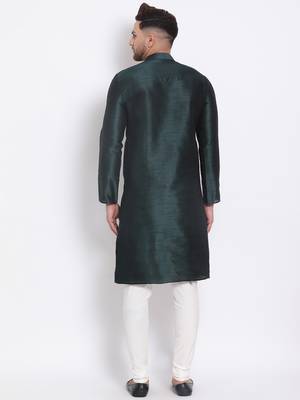 Men's Art Silk Solid Fourleaf Green Colour Straight Kurta With Payjama 4