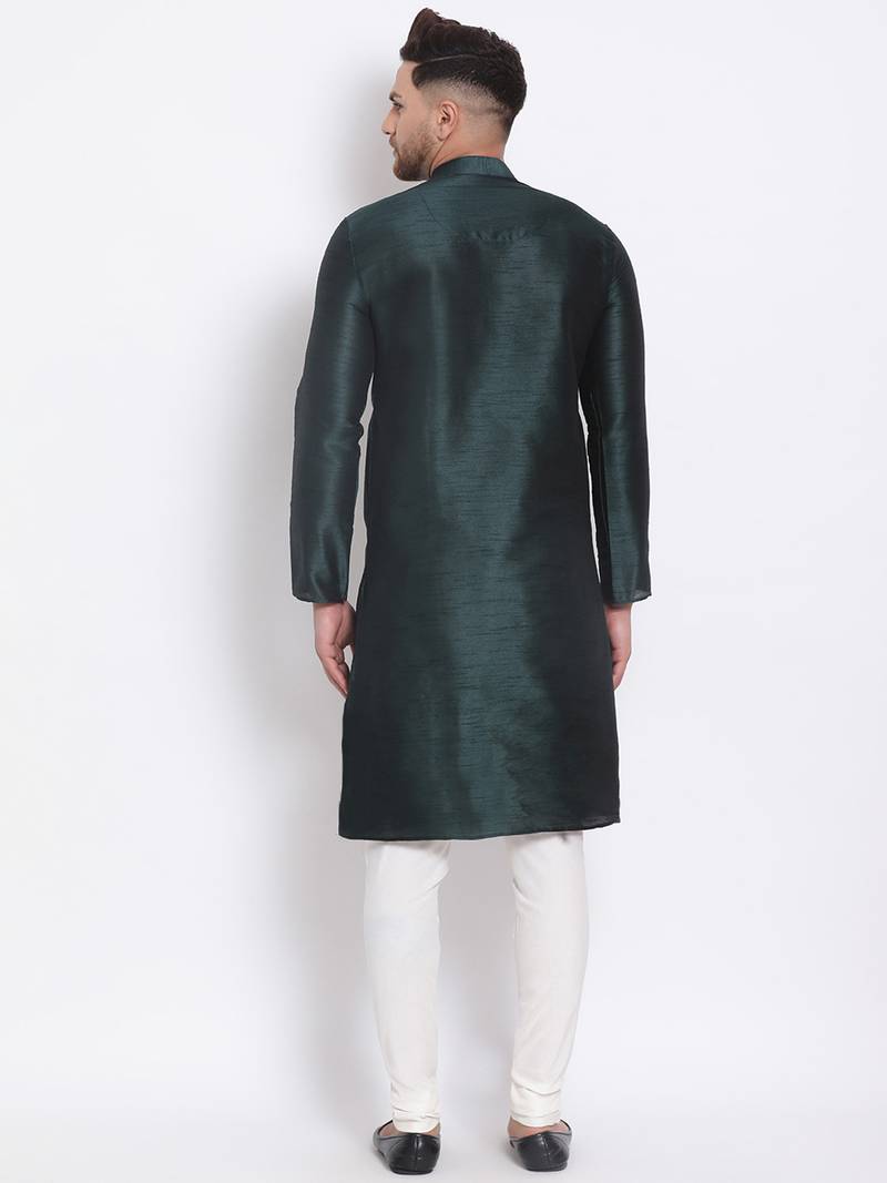 Men's Art Silk Solid Fourleaf Green Colour Straight Kurta With Payjama