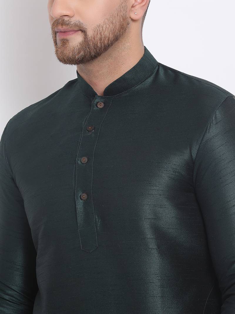 Men's Art Silk Solid Fourleaf Green Colour Straight Kurta With Payjama