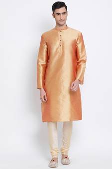 Men Fawn & Beige Solid Straight Kurta with Pyjama