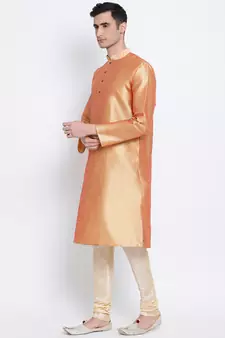 Men Fawn & Beige Solid Straight Kurta with Pyjama