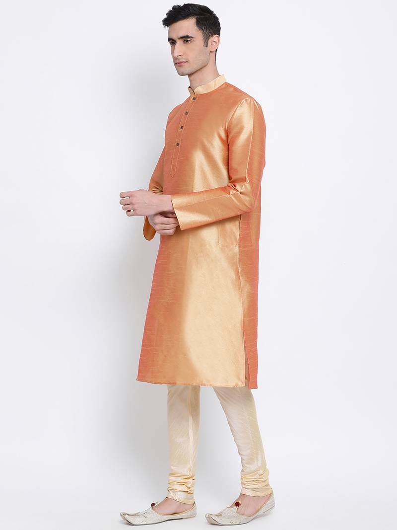 Men Fawn & Beige Solid Straight Kurta with Pyjama