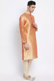 Men Fawn & Beige Solid Straight Kurta with Pyjama