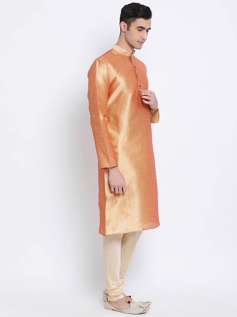 Men Fawn & Beige Solid Straight Kurta with Pyjama