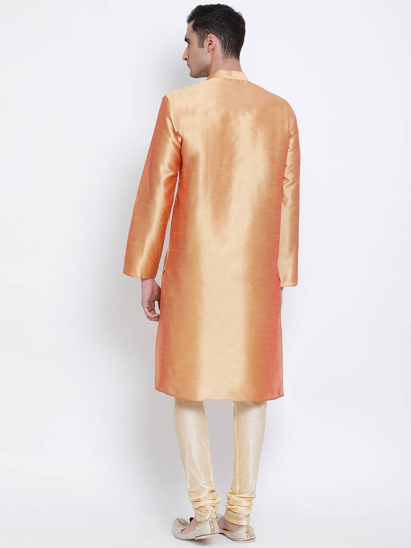 Men Fawn & Beige Solid Straight Kurta with Pyjama