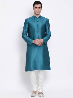 Men Firozi & Off White Solid Straight Kurta with Pyjama 1