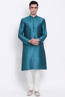 Men Firozi & Off White Solid Straight Kurta with Pyjama