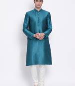 Men Firozi & Off White Solid Straight Kurta with Pyjama