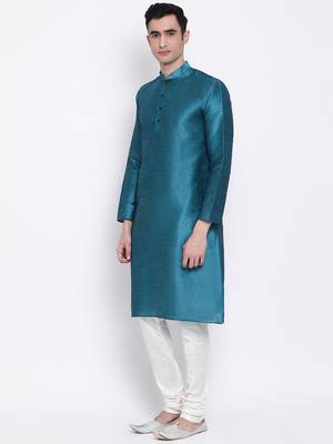 Men Firozi & Off White Solid Straight Kurta with Pyjama 2