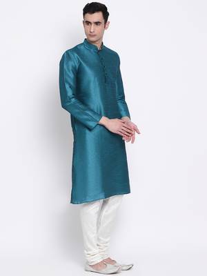 Men Firozi & Off White Solid Straight Kurta with Pyjama 3