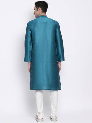 Men Firozi & Off White Solid Straight Kurta with Pyjama 4