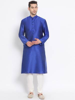 Men's Art Silk Solid Ink Blue Colour Straight Kurta With Payjama 1