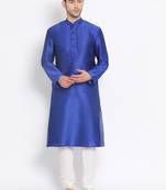Men's Art Silk Solid Ink Blue Colour Straight Kurta With Payjama