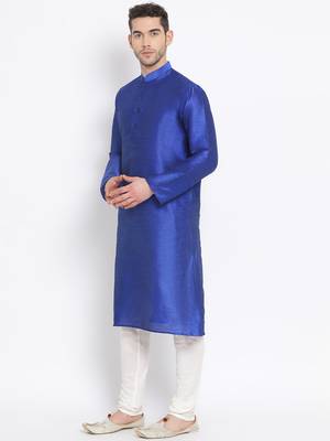 Men's Art Silk Solid Ink Blue Colour Straight Kurta With Payjama 2