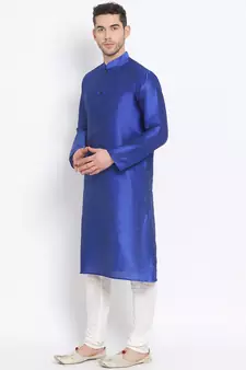 Men's Art Silk Solid Ink Blue Colour Straight Kurta With Payjama
