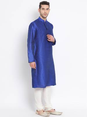 Men's Art Silk Solid Ink Blue Colour Straight Kurta With Payjama 3