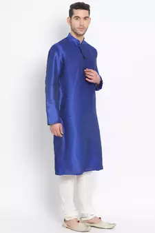 Men's Art Silk Solid Ink Blue Colour Straight Kurta With Payjama