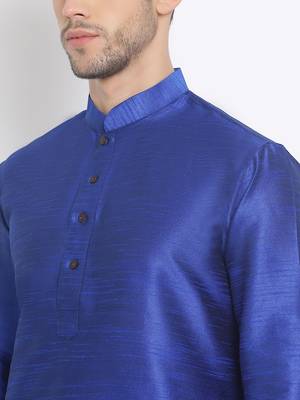 Men's Art Silk Solid Ink Blue Colour Straight Kurta With Payjama 5