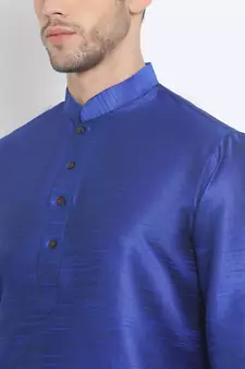 Men's Art Silk Solid Ink Blue Colour Straight Kurta With Payjama