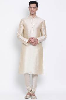 Men Light Beige Solid Straight Kurta with Pyjama