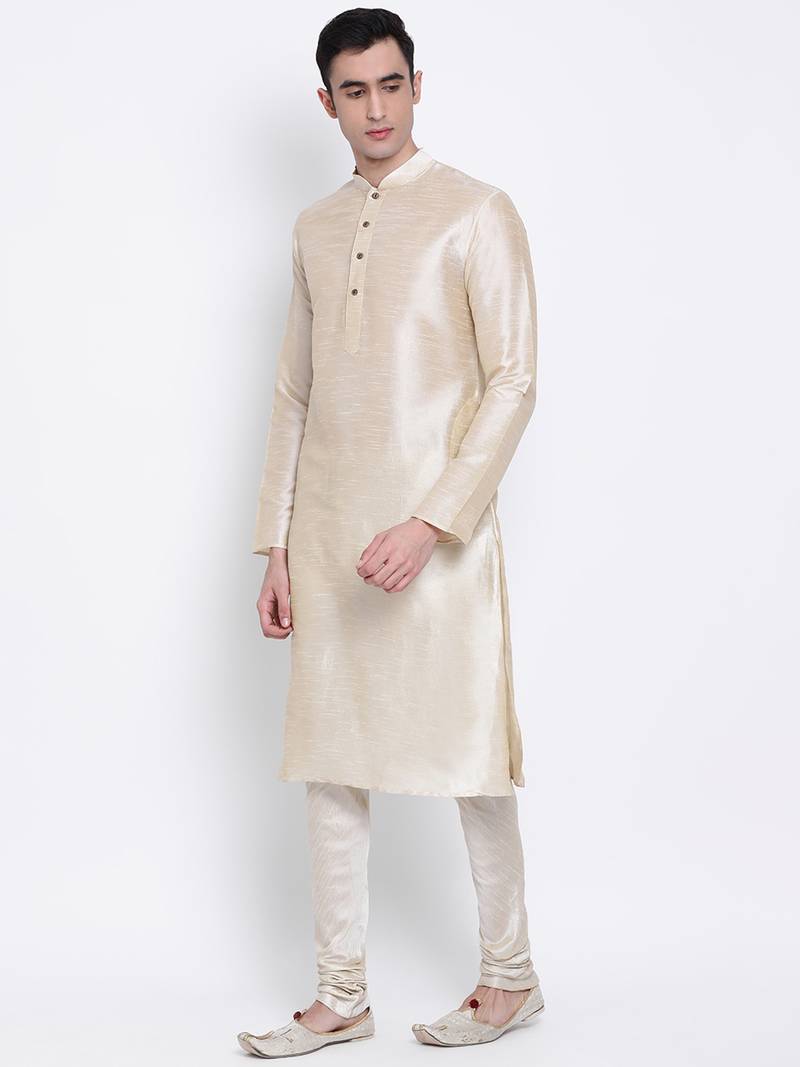 Men Light Beige Solid Straight Kurta with Pyjama
