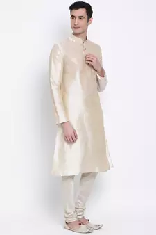 Men Light Beige Solid Straight Kurta with Pyjama