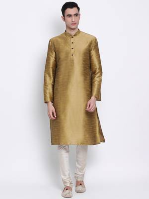 Men Mehendi & Cream Solid Straight Kurta with Pyjama 1