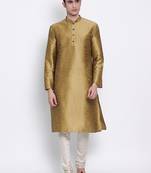 Men Mehendi & Cream Solid Straight Kurta with Pyjama