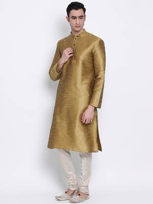 Men Mehendi & Cream Solid Straight Kurta with Pyjama 2