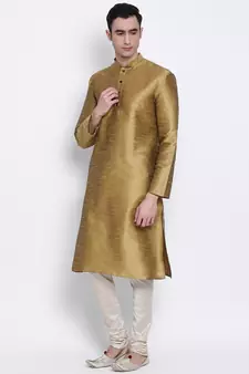 Men Mehendi & Cream Solid Straight Kurta with Pyjama