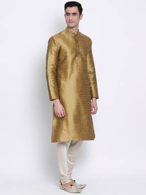 Men Mehendi & Cream Solid Straight Kurta with Pyjama 3