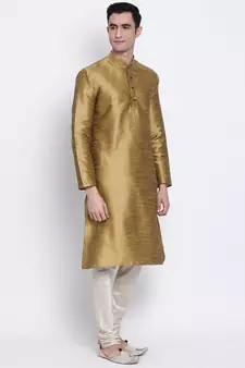 Men Mehendi & Cream Solid Straight Kurta with Pyjama