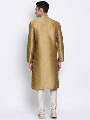 Men Mehendi & Cream Solid Straight Kurta with Pyjama 4