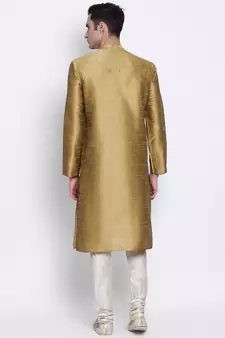 Men Mehendi & Cream Solid Straight Kurta with Pyjama