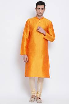 Men Orange & Beige Solid Straight Kurta with Pyjama