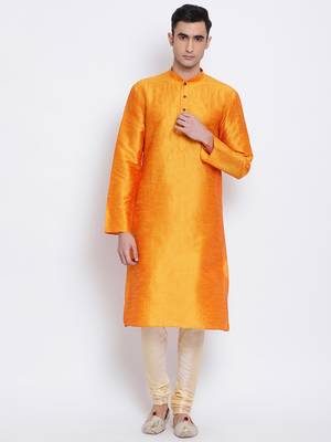 Men Orange & Beige Solid Straight Kurta with Pyjama 1