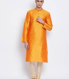 Men Orange & Beige Solid Straight Kurta with Pyjama