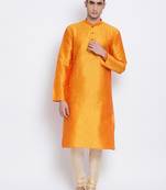 Men Orange & Beige Solid Straight Kurta with Pyjama