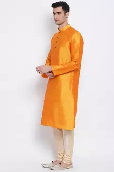 Men Orange & Beige Solid Straight Kurta with Pyjama