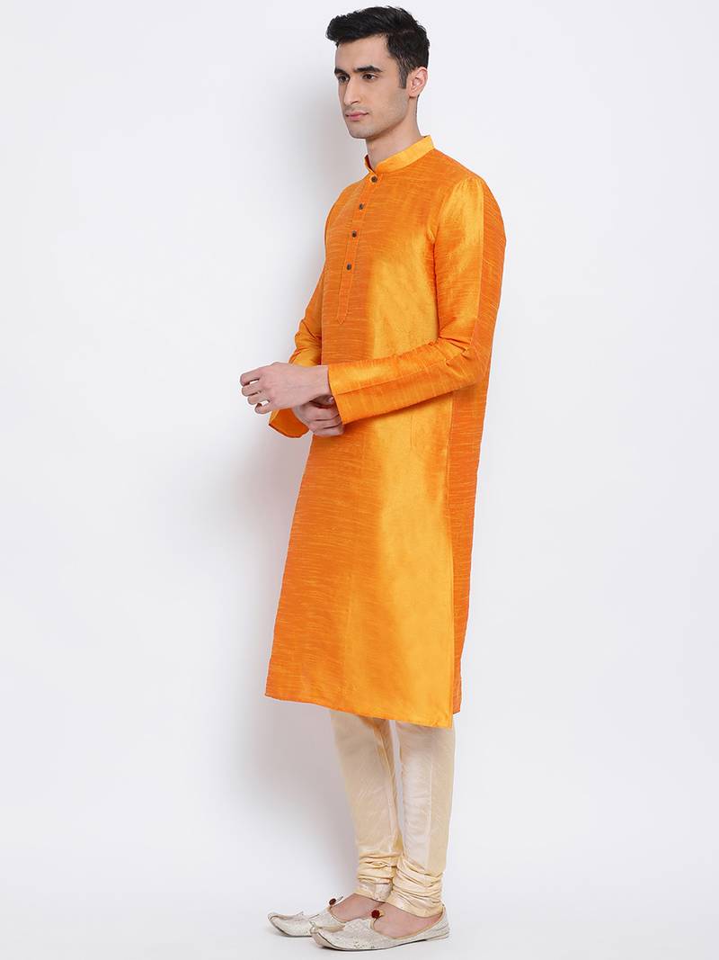 Men Orange & Beige Solid Straight Kurta with Pyjama
