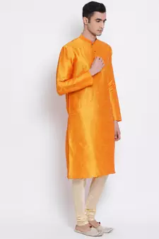 Men Orange & Beige Solid Straight Kurta with Pyjama