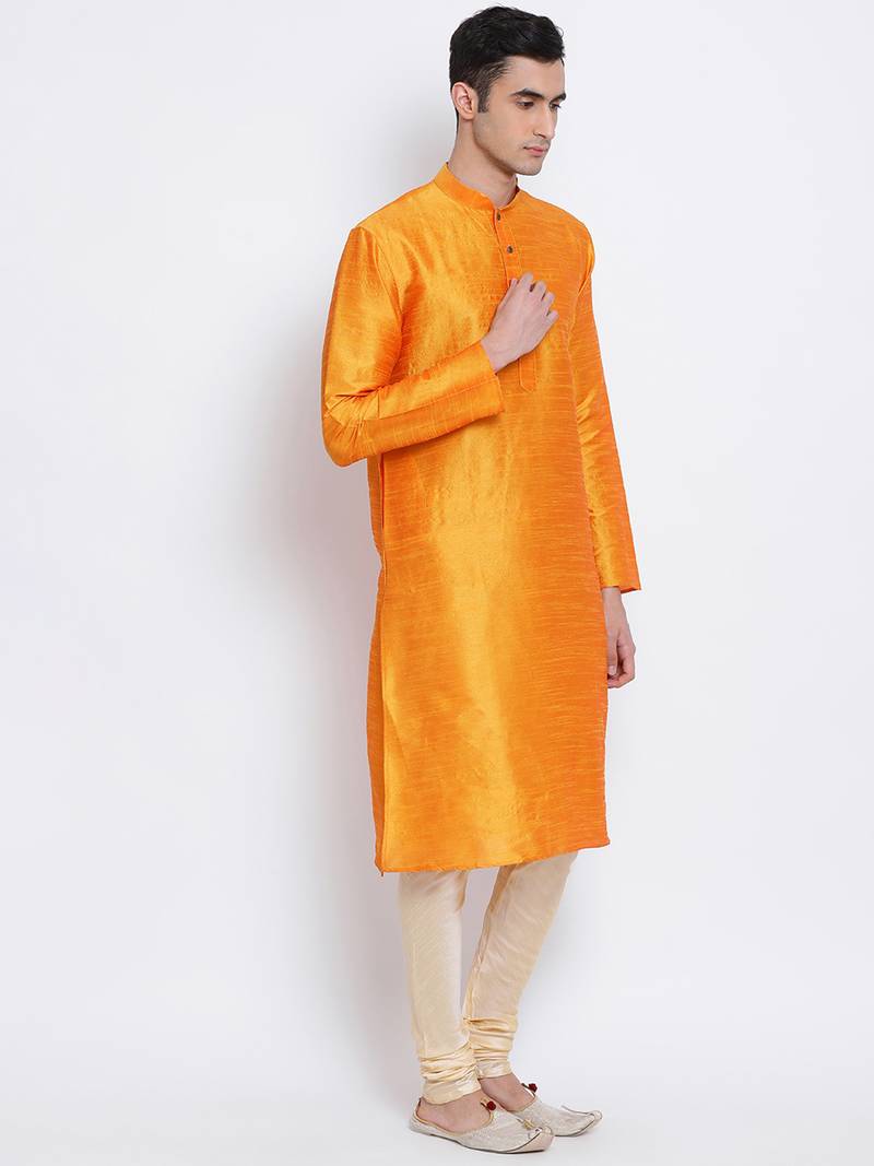 Men Orange & Beige Solid Straight Kurta with Pyjama