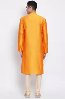 Men Orange & Beige Solid Straight Kurta with Pyjama