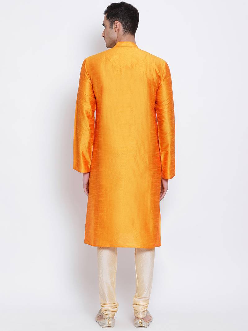 Men Orange & Beige Solid Straight Kurta with Pyjama