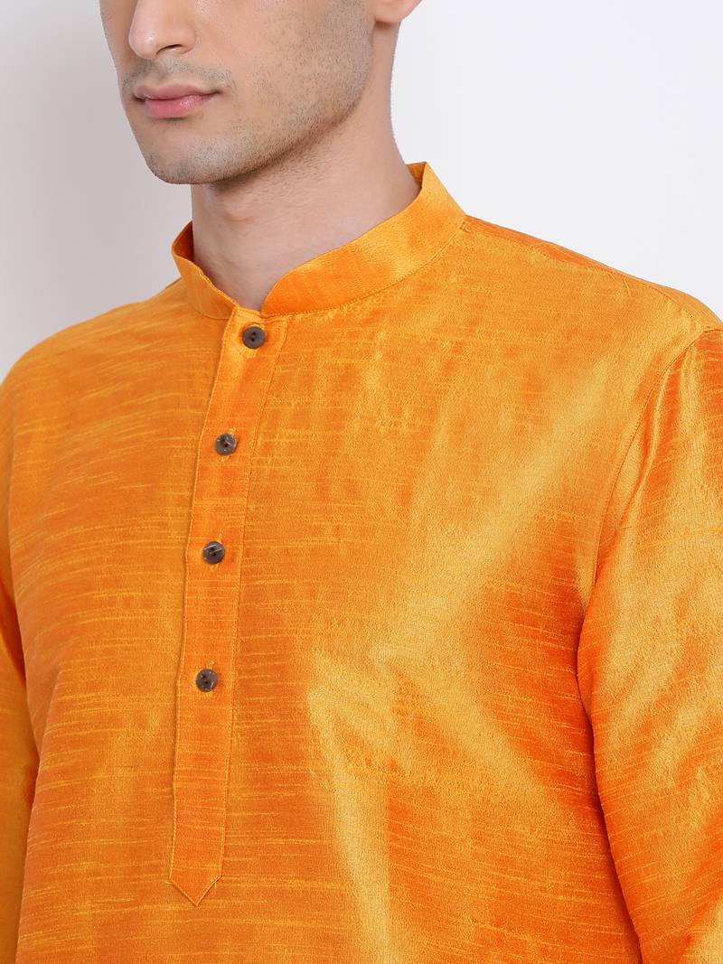 Men Orange & Beige Solid Straight Kurta with Pyjama
