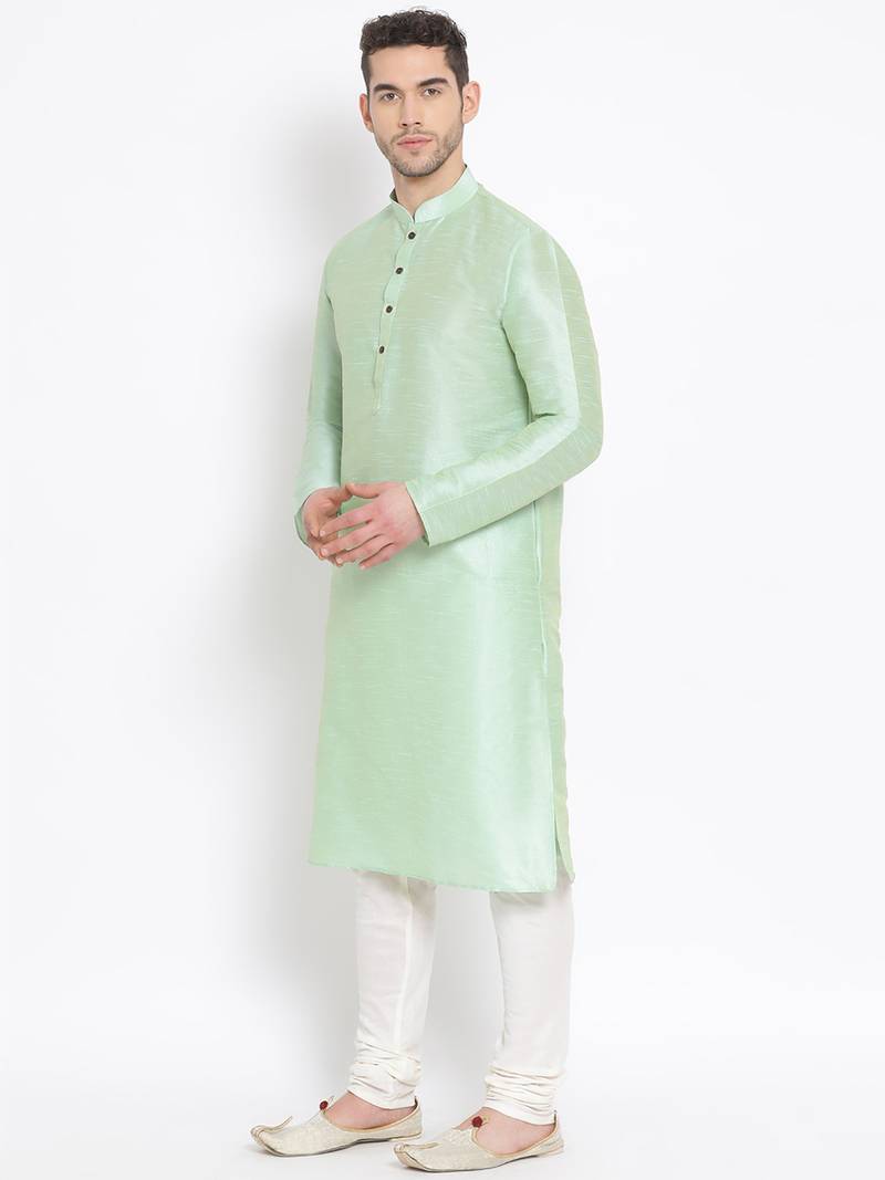 Men's Art Silk Solid Pista Green Colour Straight Kurta With Payjama