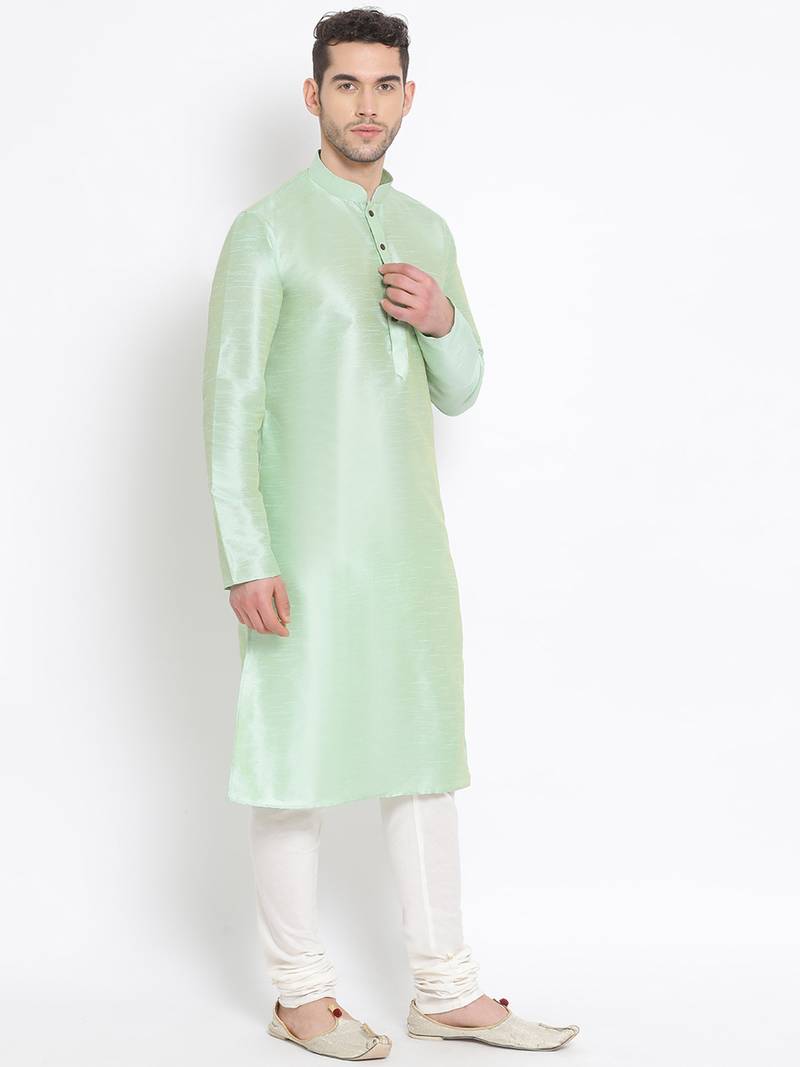 Men's Art Silk Solid Pista Green Colour Straight Kurta With Payjama