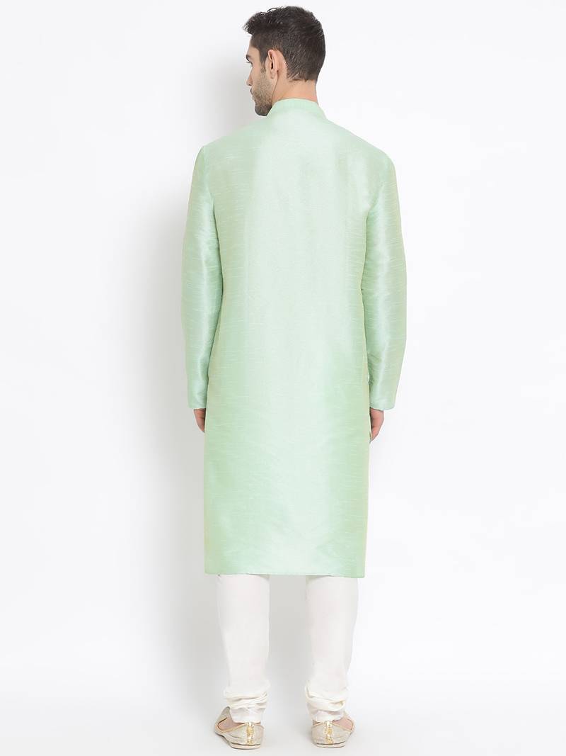 Men's Art Silk Solid Pista Green Colour Straight Kurta With Payjama
