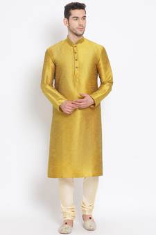 Men's Art Silk Solid Rich Gold Colour Straight Kurta With Payjama