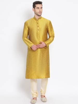 Men's Art Silk Solid Rich Gold Colour Straight Kurta With Payjama 1